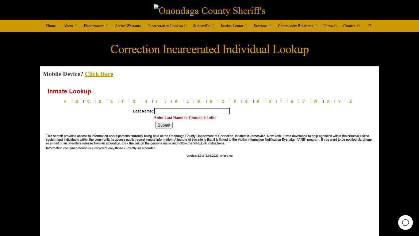 Correction Incarcerated Individual Lookup – Onondaga County Sheriff's Office