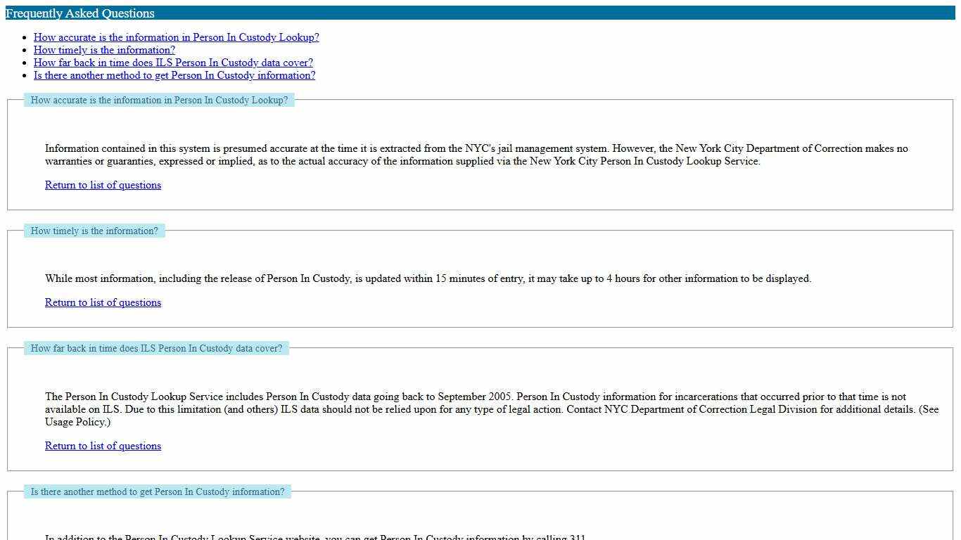 NYC: Department of Correction Person In Custody Look-up Service